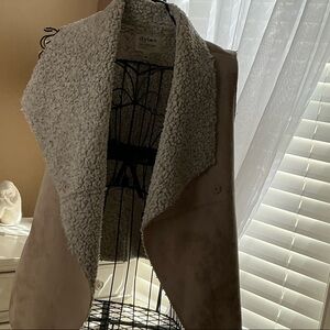dylan Taupe Suede-Look Draped Coat with Cream Sherpa